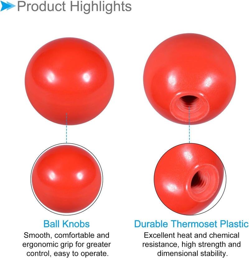 CoCud Thermoset Ball Knobs, M10 Female Thread 40mm Diameter, Plastic Metric Hand Screw Grip Red - (Applications: for Lathe Machinery Lever Handle), 2-Pieces - Image 4